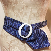 Load image into Gallery viewer, Blue waves with white flowers silk tie belt
