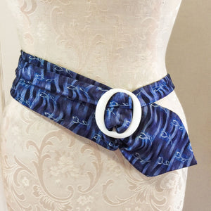 Blue waves with white flowers silk tie belt