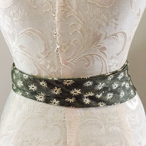 Flowered green silk tie belt